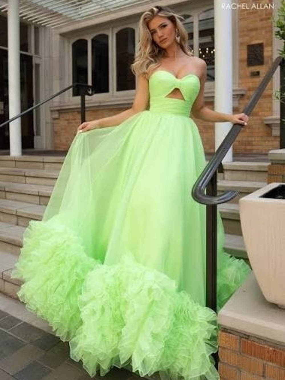 Rachel Allan Neon Lime Strapless Sweetheart Prom Gown with Ruffle Hem